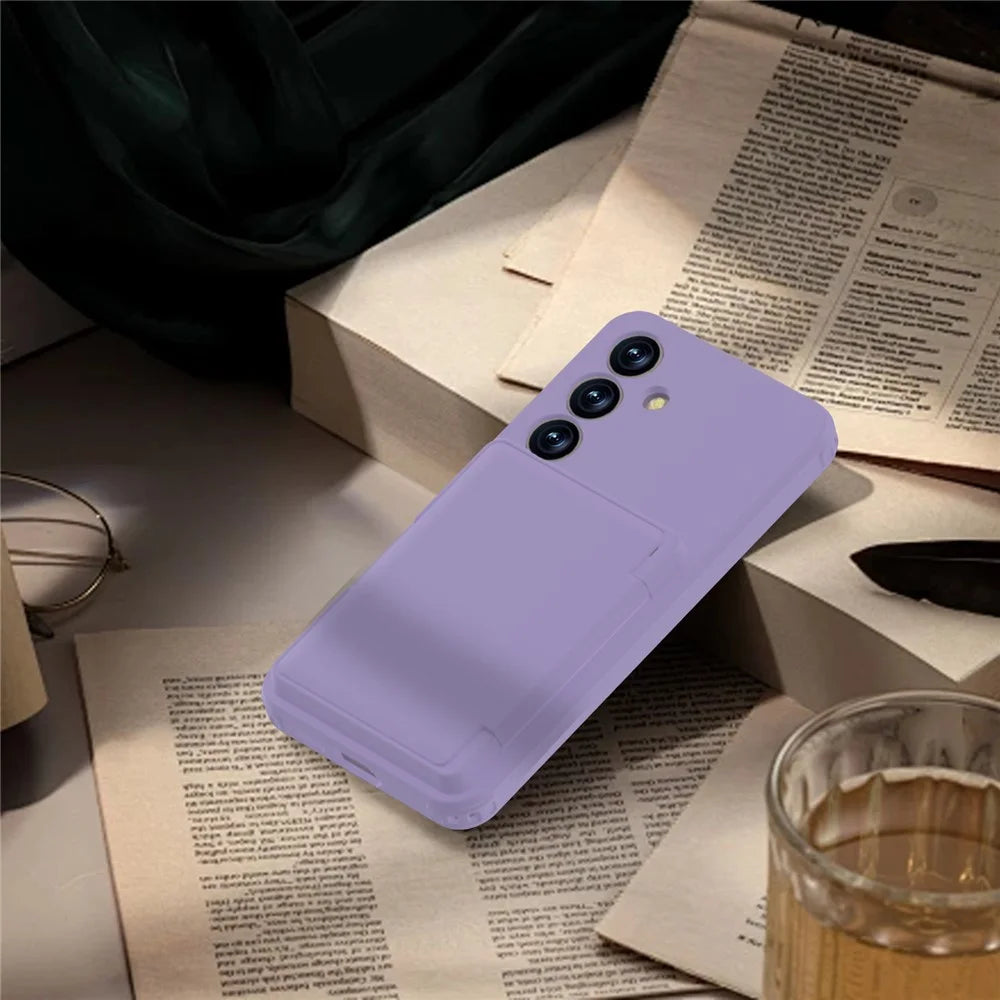 For Samsung Galaxy S25 Case with Card Holder Hidden Mirror PC + TPU Kickstand Phone Cover - Light Purple - 4