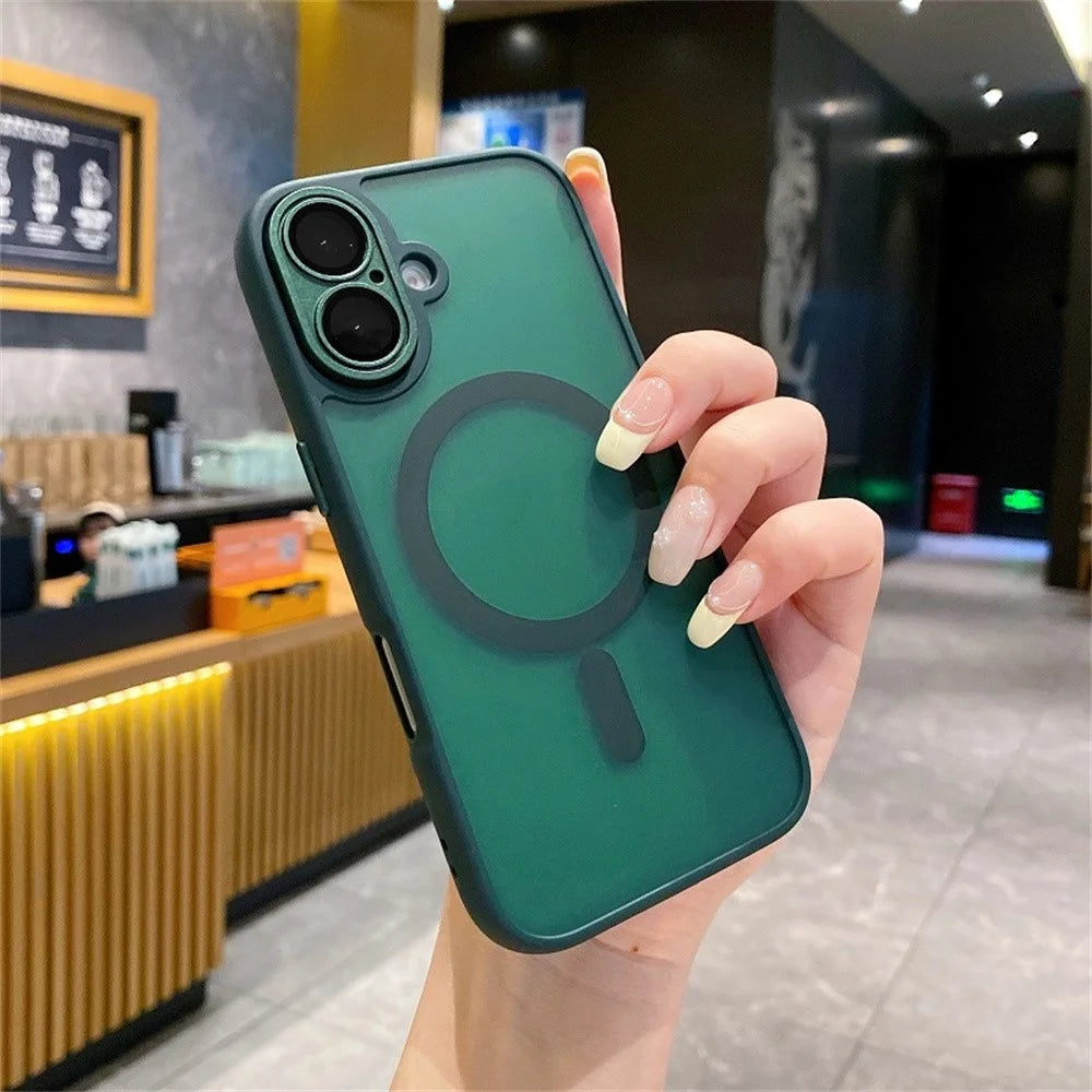 For iPhone 16 Magnetic Case with Lens Film / Detachable Lens Frame Hybrid Phone Back Cover - Midnight Green - 2