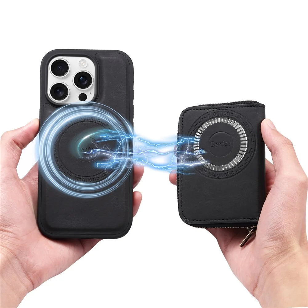 DENIOR For iPhone 16 Pro Case Skin Touch Leather Back Cover with Detachable Zipper Card Slot - Black - 2
