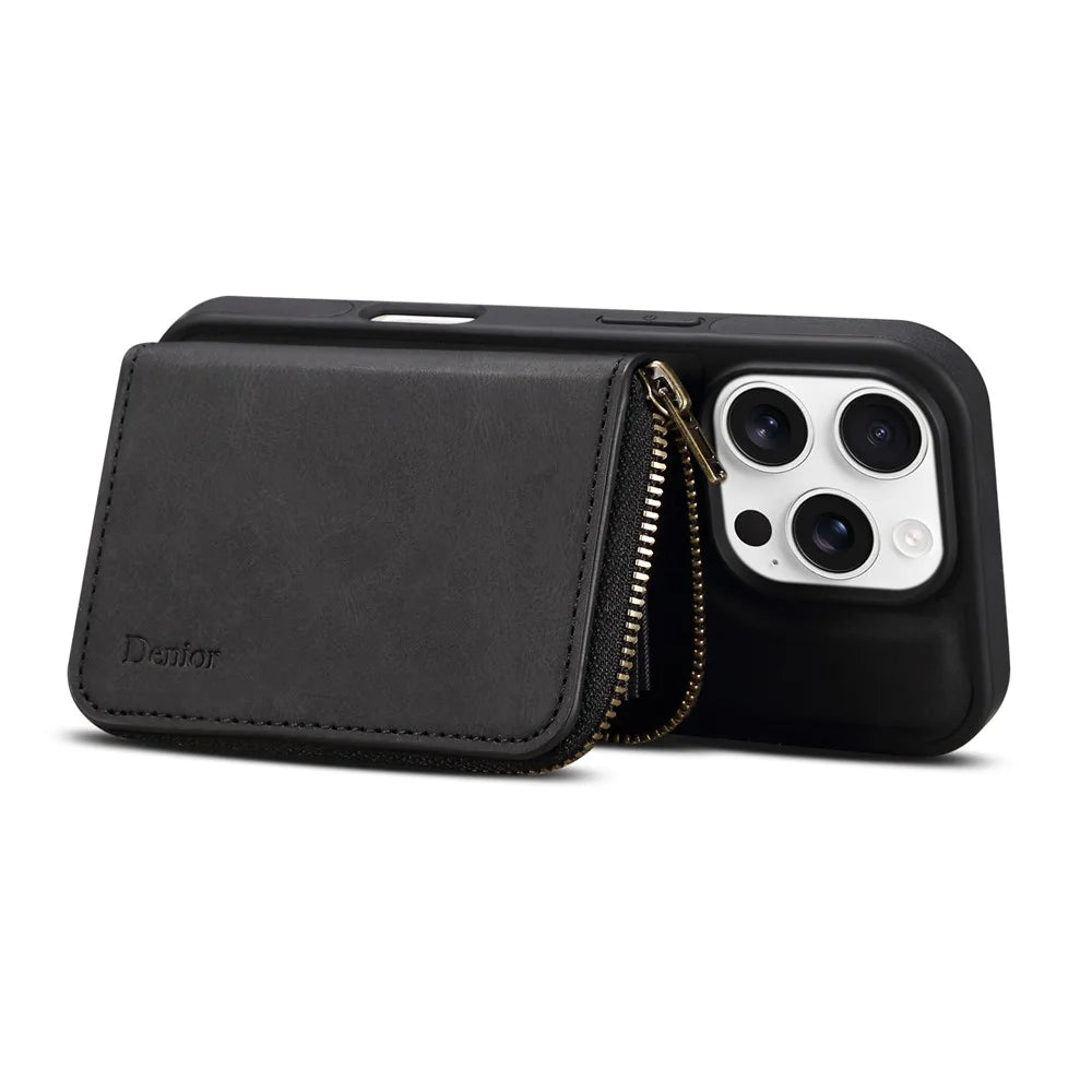 DENIOR For iPhone 16 Pro Max Case Skin Touch Leather Back Cover with Detachable Zipper Card Slot - Black - 6