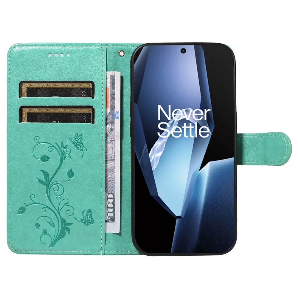 For OnePlus 13R 5G / Ace 5 5G / 5 Pro 5G PU Leather Cases Flower Pattern Wallet Stand Phone Cover with Strap - Green - 2