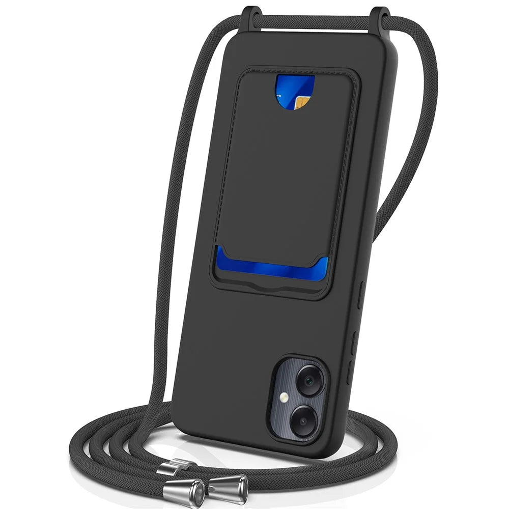 For Samsung Galaxy F05 / Galaxy M05 4G Liquid Silicone Case with Card Holder and Lanyard Back Phone Cover - Black - 1