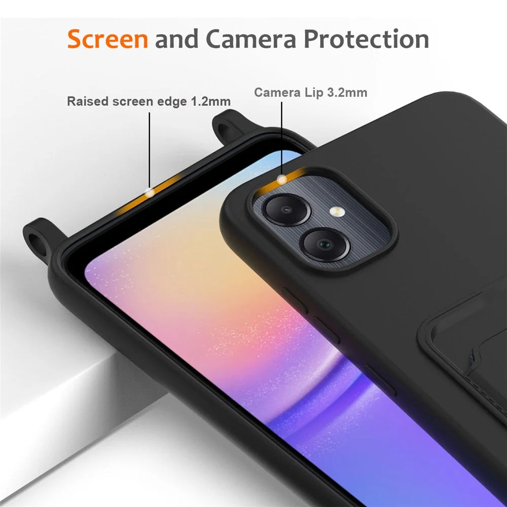 For Samsung Galaxy F05 / Galaxy M05 4G Liquid Silicone Case with Card Holder and Lanyard Back Phone Cover - Black - 5