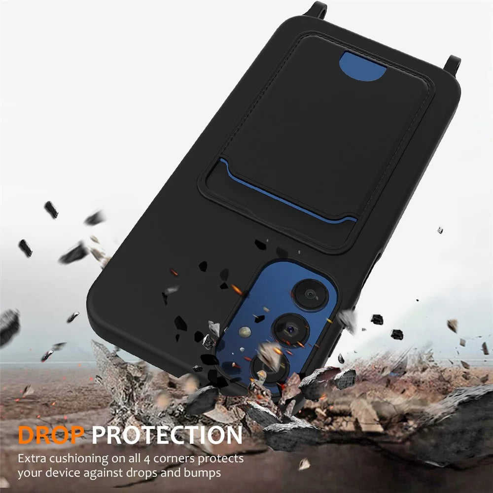 For Samsung Galaxy M14 4G Liquid Silicone Case with Card Holder and Lanyard Back Phone Cover - Black - 2
