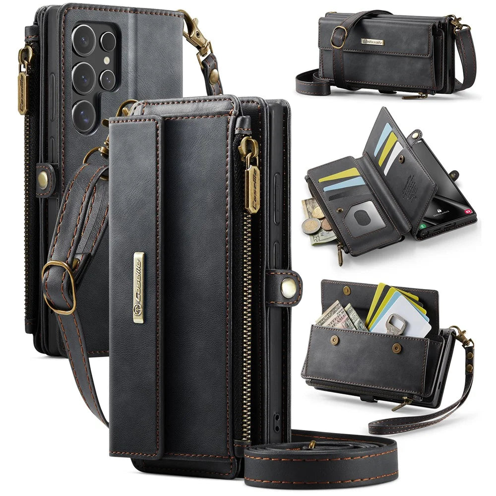 CASEME C39 Series For Samsung Galaxy S25 Ultra Case RFID Blocking 9 Card Slots Zipper Wallet Stand Leather Cover with Strap - Black - 1