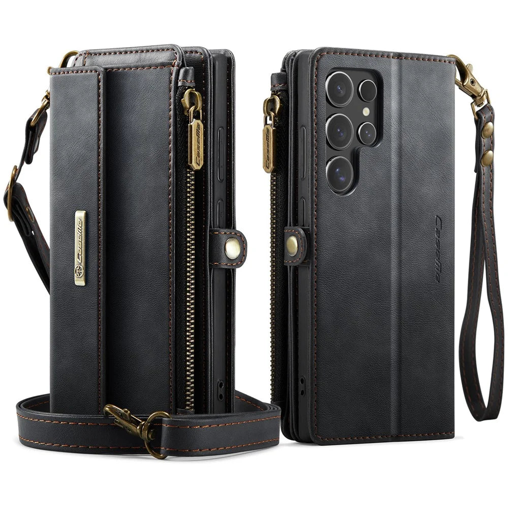 CASEME C39 Series For Samsung Galaxy S24 Ultra Case RFID Blocking 9 Card Slots Zipper Wallet Stand Leather Cover with Strap - Black - 2