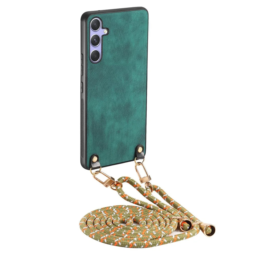 For Samsung Galaxy A25 5G (Global) (161.0 x 76.5 x 8.3mm) Retro Leather Phone Back Cover with Adjustable Strap - Green - 1