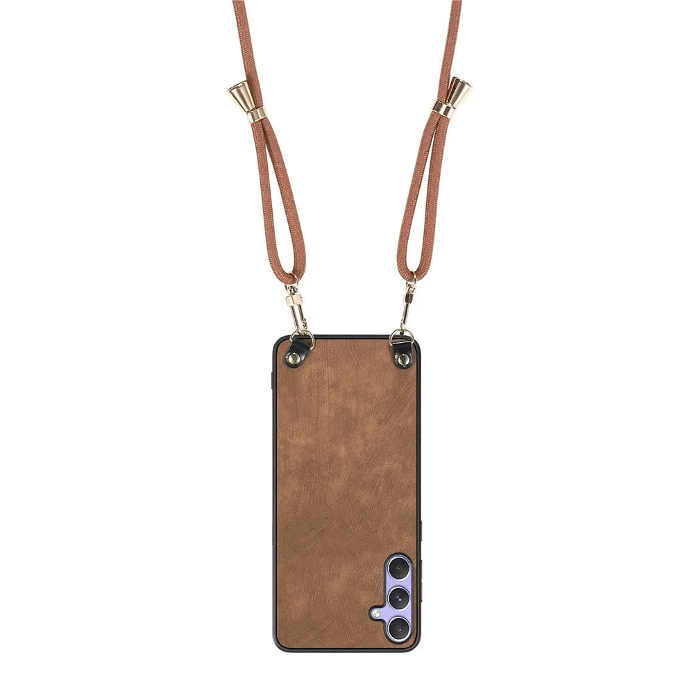 For Samsung Galaxy A14 4G / Galaxy A14 5G Retro Leather Phone Back Cover with Adjustable Strap - Brown - 3