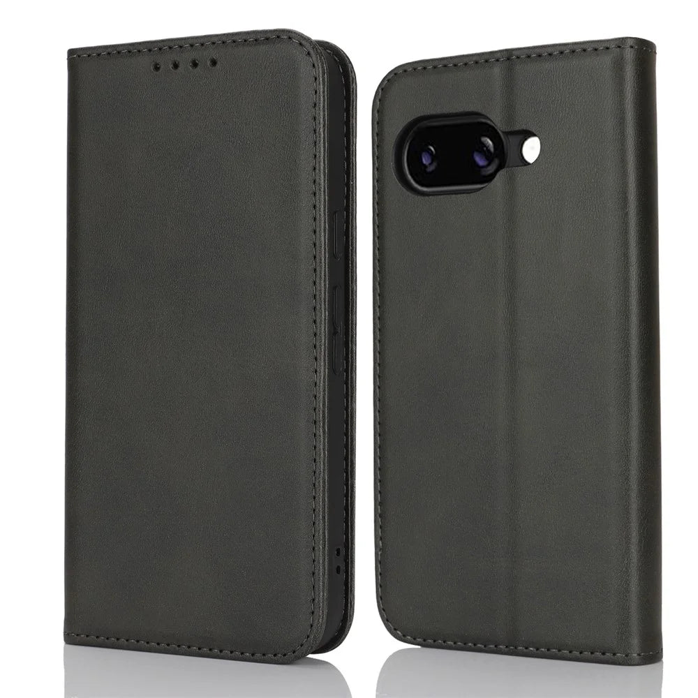 For Google Pixel 9a Case PU Leather Calf Textured Magnetic Closing Smart Phone Cover - Black - 1