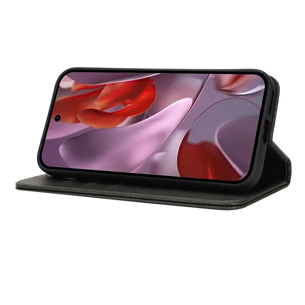 For Google Pixel 9a Case PU Leather Calf Textured Magnetic Closing Smart Phone Cover - Black - 3