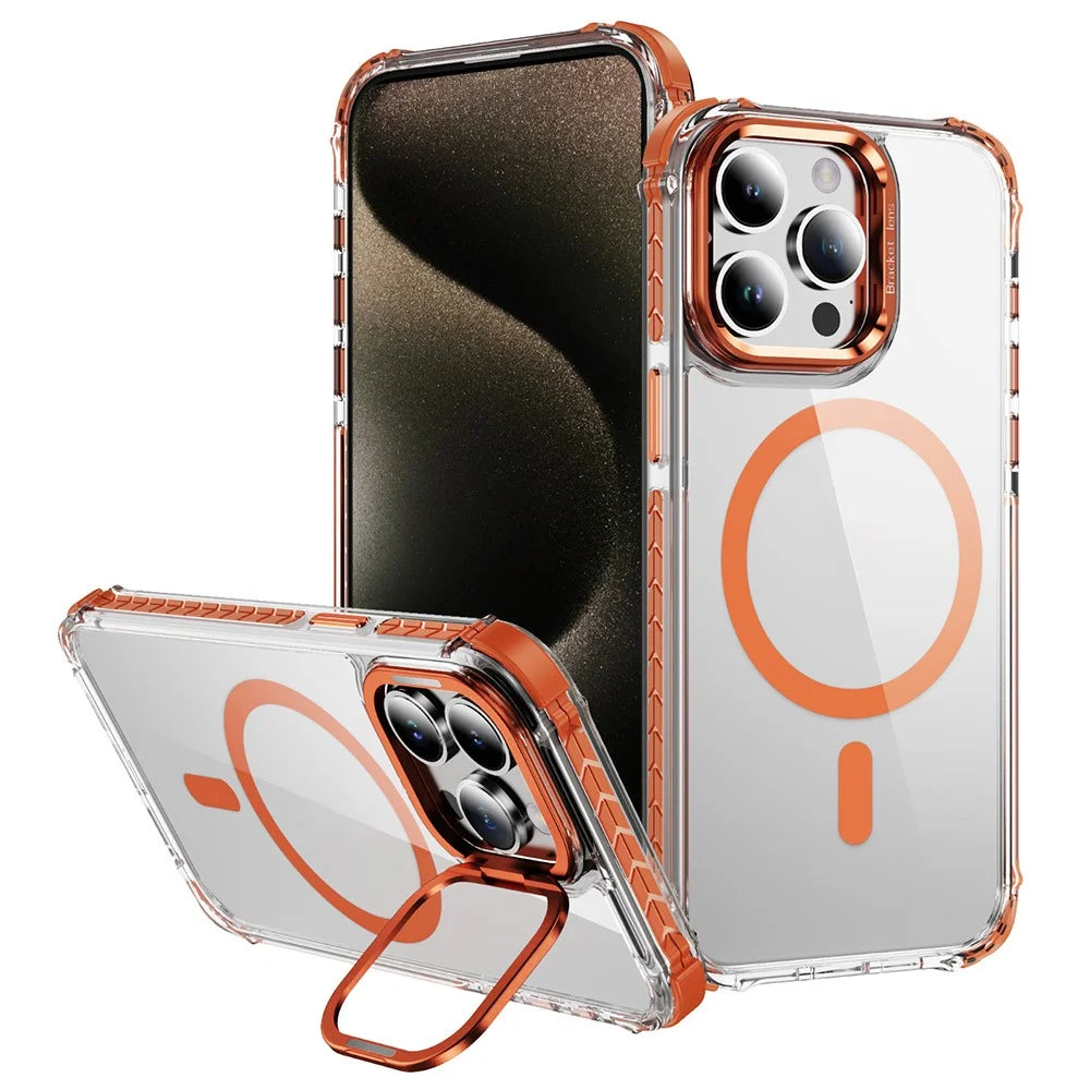For iPhone 12 Pro Max Clear Phone Case with Lens Kickstand Cover Compatible with MagSafe - Orange - 1