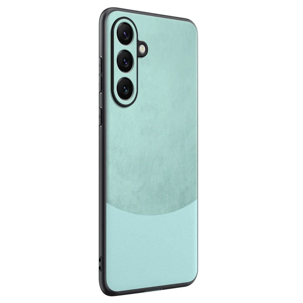 For Samsung Galaxy S25 Case Splicing Color Nappa Texture PU Leather + TPU Phone Cover - Cyan - 1