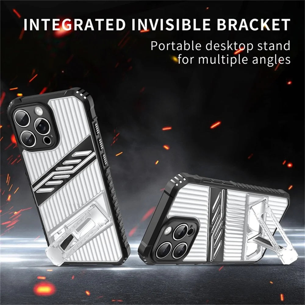 For iPhone 15 Pro Case Folding Kickstand PC + TPU Anti Drop Phone Cover - Transparent Black - 2