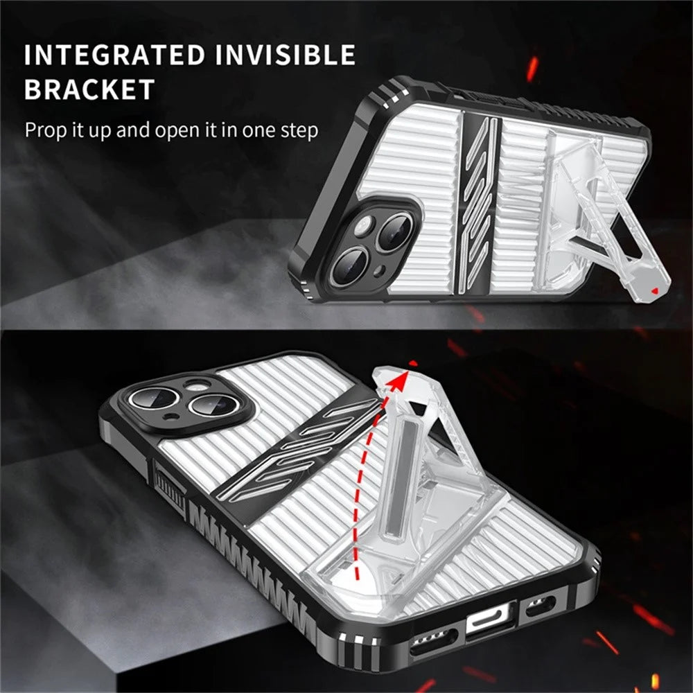 For iPhone 14 Case Folding Kickstand PC + TPU Anti Drop Phone Cover - Transparent Black - 3
