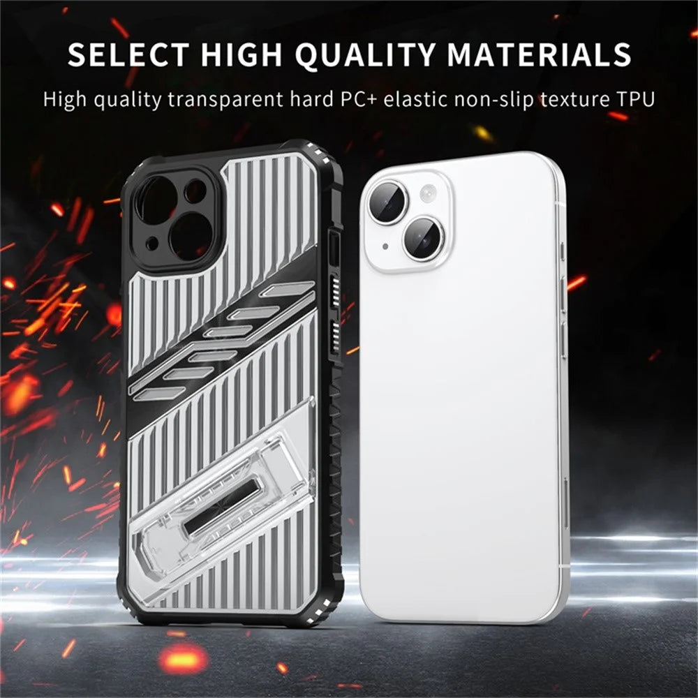 For iPhone 14 Case Folding Kickstand PC + TPU Anti Drop Phone Cover - Transparent Black - 4