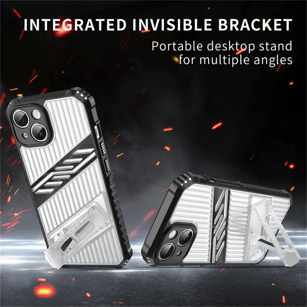 For iPhone 13 Case Folding Kickstand PC + TPU Anti Drop Phone Cover - Transparent Black - 2