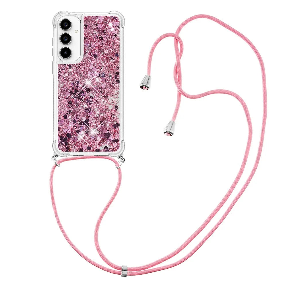 For Samsung Galaxy A37 5G / A56 5G / A36 5G TPU Case Quicksand Design Phone Cover with Lanyard - Rose Gold / Hearts - 2