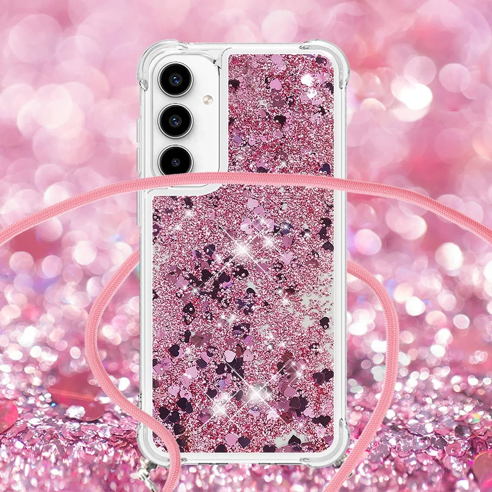 For Samsung Galaxy A37 5G / A56 5G / A36 5G TPU Case Quicksand Design Phone Cover with Lanyard - Rose Gold / Hearts - 3