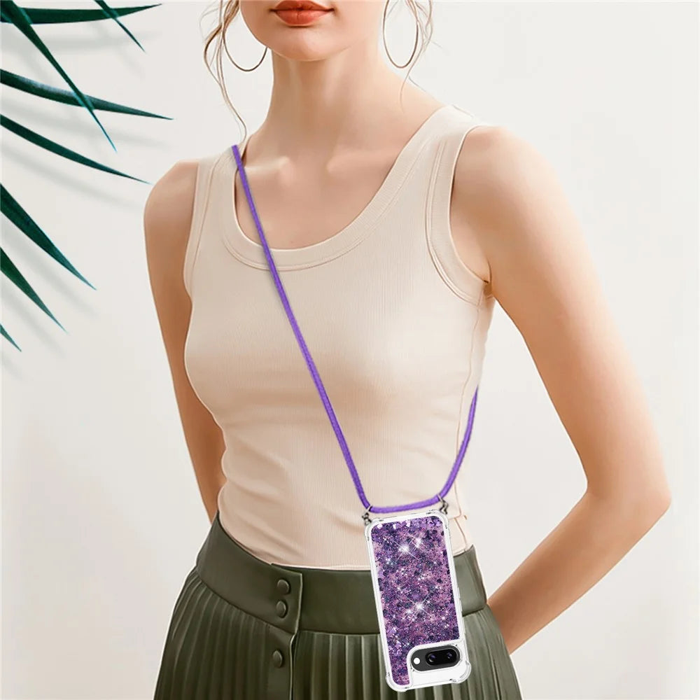 For Google Pixel 9a TPU Case Quicksand Design Phone Cover with Lanyard - Dark Purple / Hearts - 6