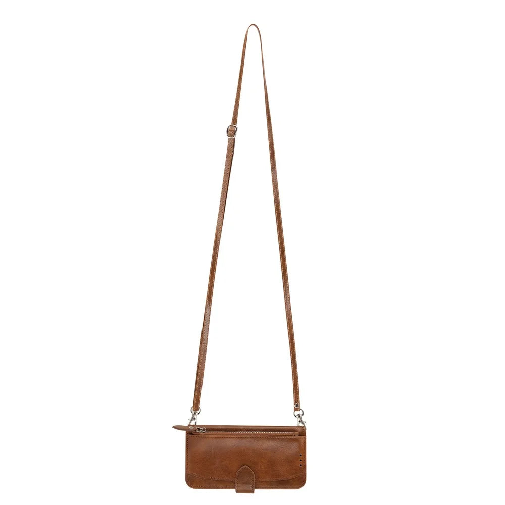 For iPhone 17e / 16e Case Zipper Pocket Leather Phone Cover with Crossbody Shoulder Strap - Brown - 4