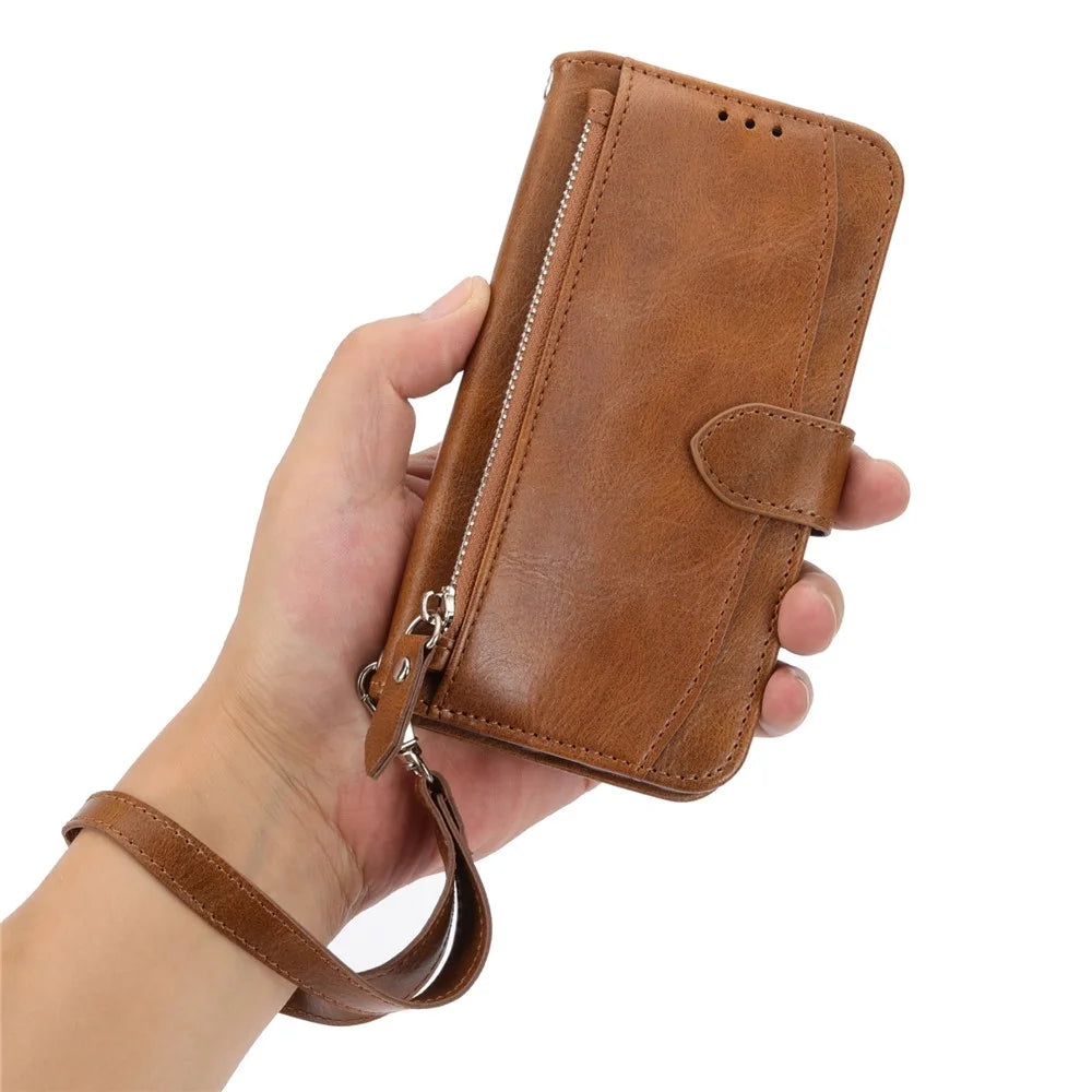For iPhone 17e / 16e Case Zipper Pocket Leather Phone Cover with Crossbody Shoulder Strap - Brown - 5