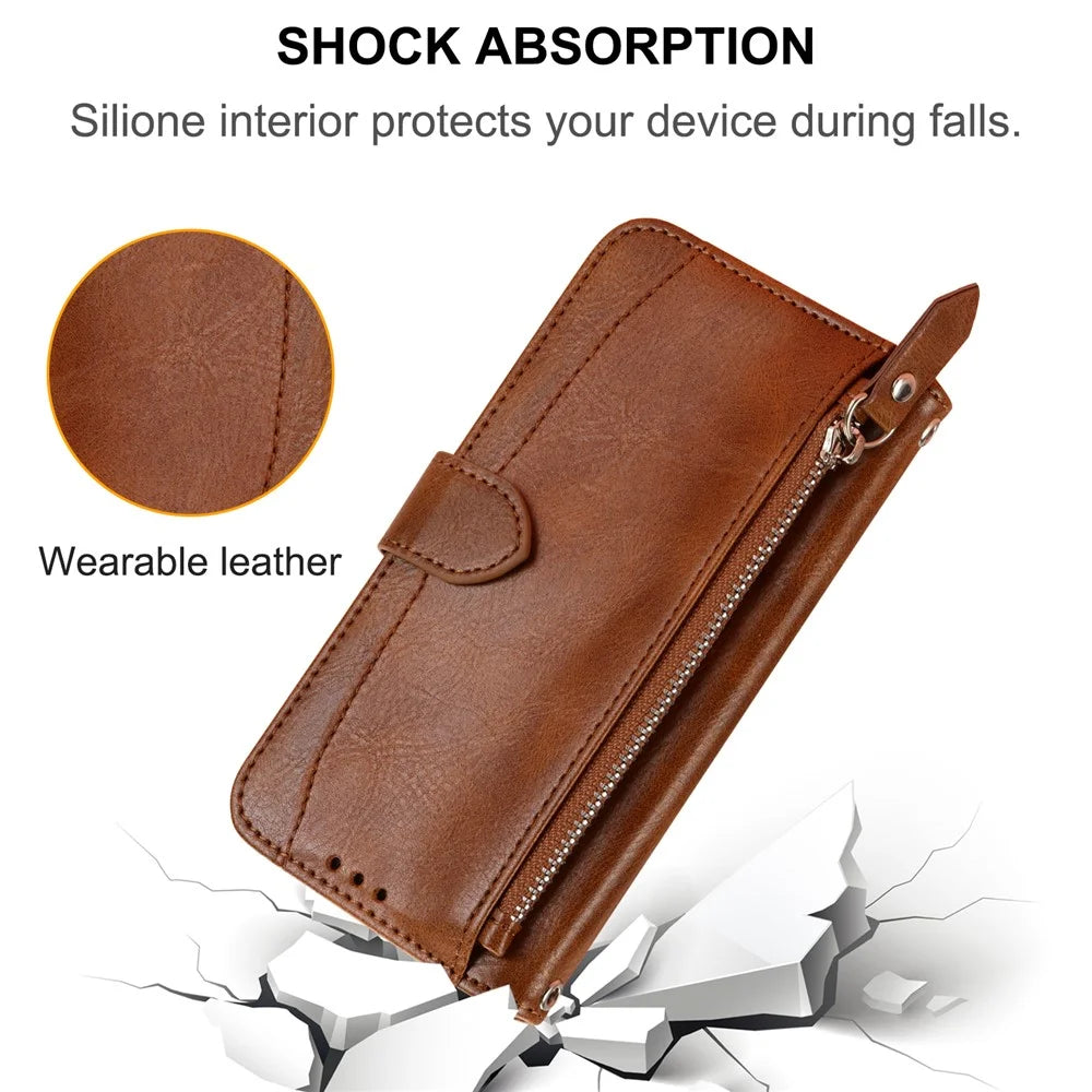 For iPhone 17e / 16e Case Zipper Pocket Leather Phone Cover with Crossbody Shoulder Strap - Brown - 6