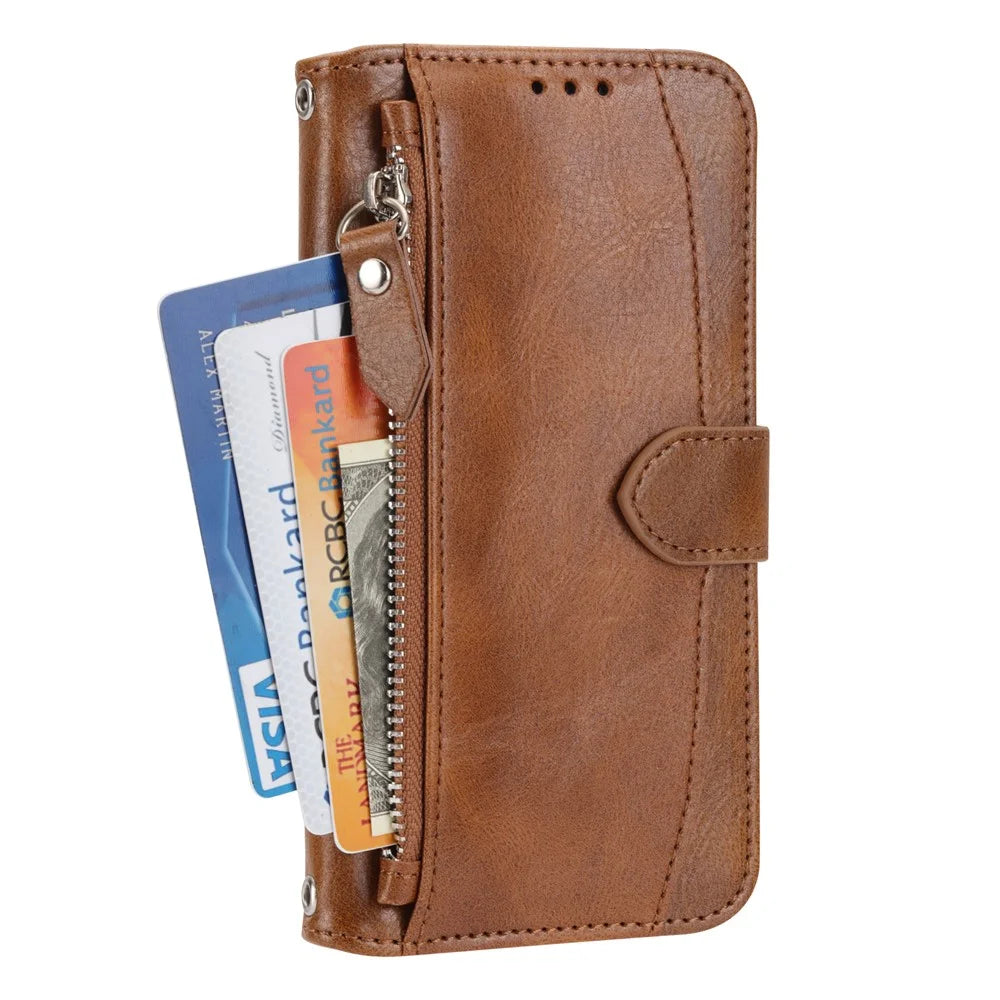 For iPhone 17e / 16e Case Zipper Pocket Leather Phone Cover with Crossbody Shoulder Strap - Brown - 7