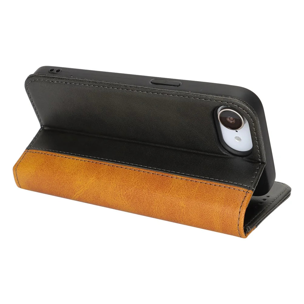 For iPhone 17e / 16e Case Calf Texture 3 Card Slots Color Splicing Leather Phone Cover - Black + Yellow - 3