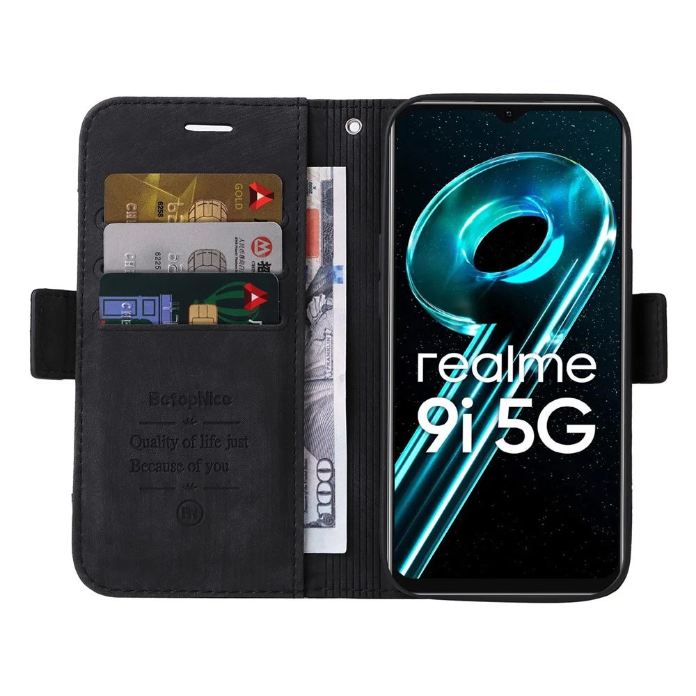 BETOPNICE 001 Anti-drop Phone Cover For Realme 9i 5G / 10 5G / V20 5G, Imprinted Stitching Line PU Leather + TPU Phone Case Stand Wallet with Strap - Black - 2