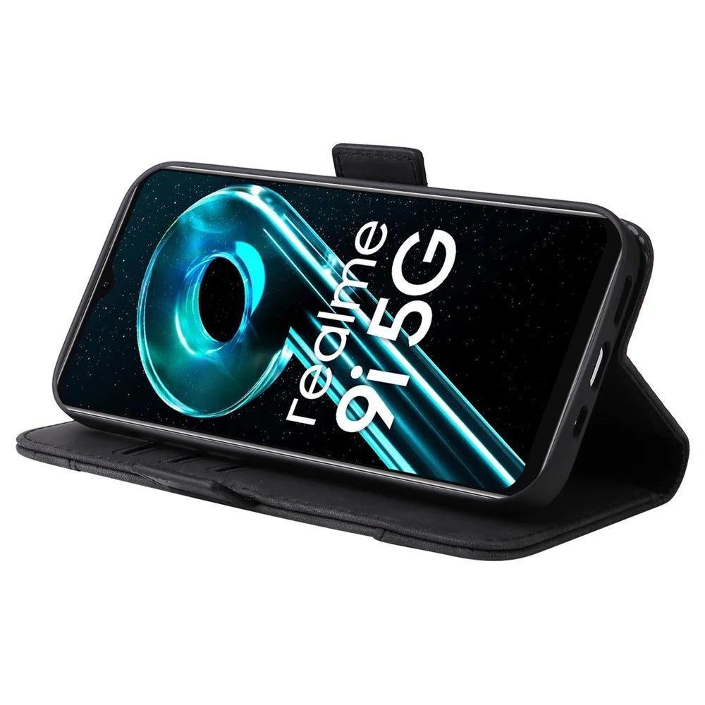 BETOPNICE 001 Anti-drop Phone Cover For Realme 9i 5G / 10 5G / V20 5G, Imprinted Stitching Line PU Leather + TPU Phone Case Stand Wallet with Strap - Black - 3