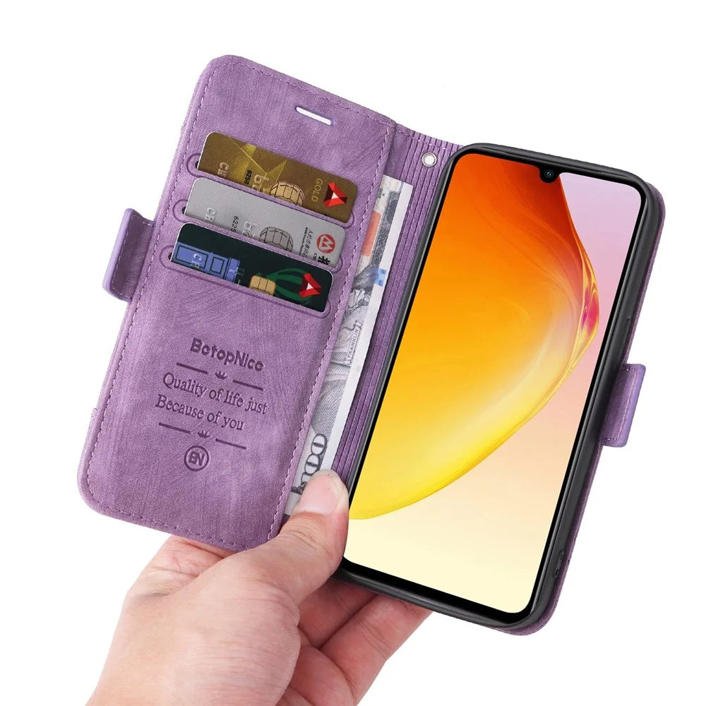 BETOPNICE 001 For vivo V25 5G / V25e 4G Imprinted Stitching Line Stand Wallet Case PU Leather Magnetic Clasp Cover with Strap - Purple - 5