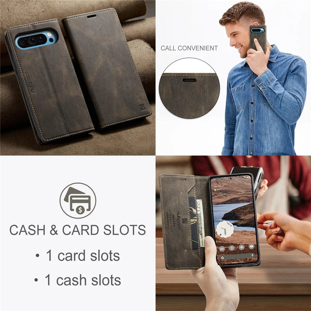 AUTSPACE For Google Pixel 9 Pro / Google Pixel 9 Wallet Case  A01 Leather Stand Cover with RFID Blocking Card Holder - Coffee - 5