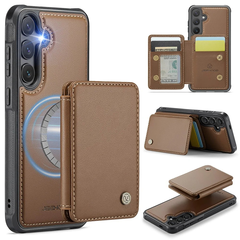 JEEHOOD For Samsung Galaxy S25 Case  J05 Leather Mobile Cover with Detachable Magnetic Card Bag - Brown - 1