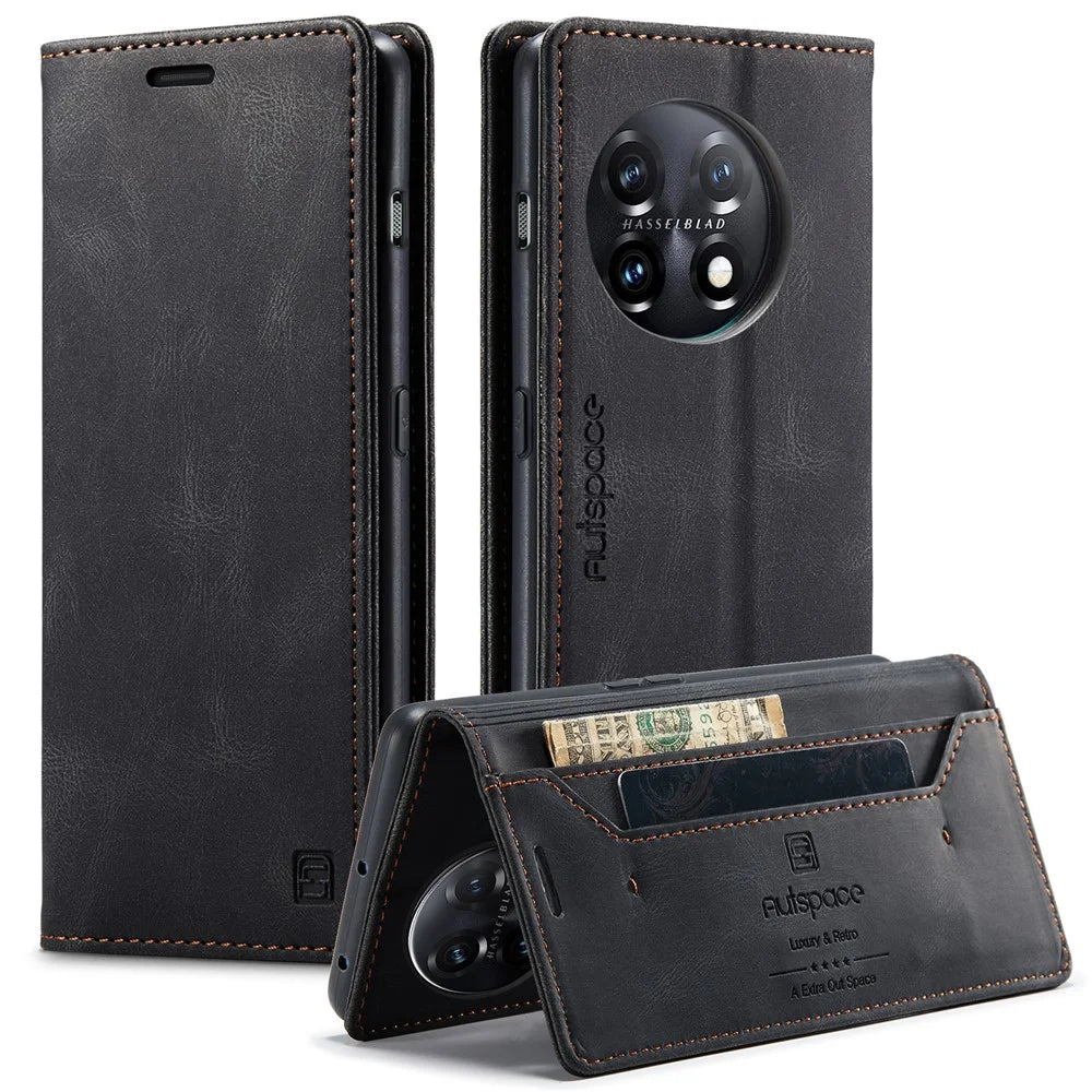 AUTSPACE For OnePlus 11 5G Wallet Case  A01 Leather Stand Cover with RFID Blocking Card Holder - Black - 1