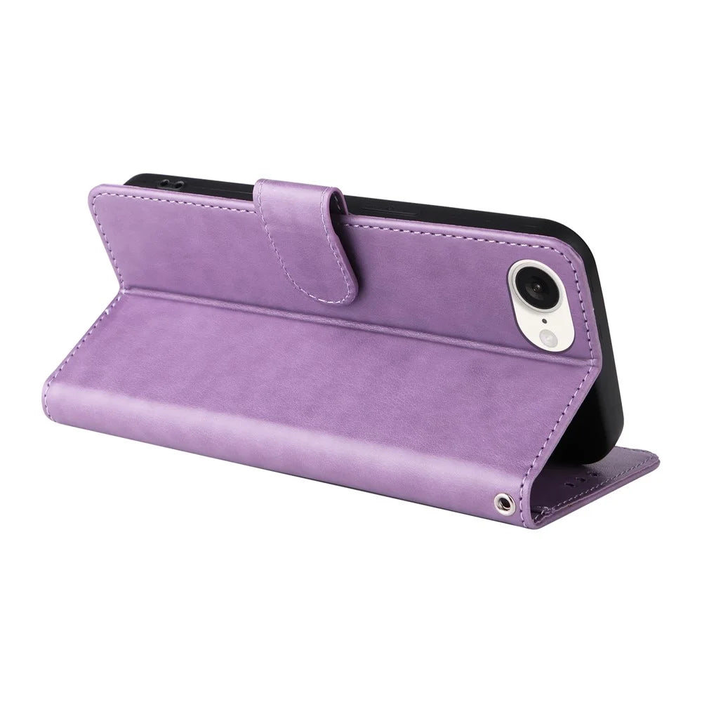 For iPhone 17e / 16e Case Butterfly Floral Imprint Wallet Stand Leather Phone Cover - Purple - 4
