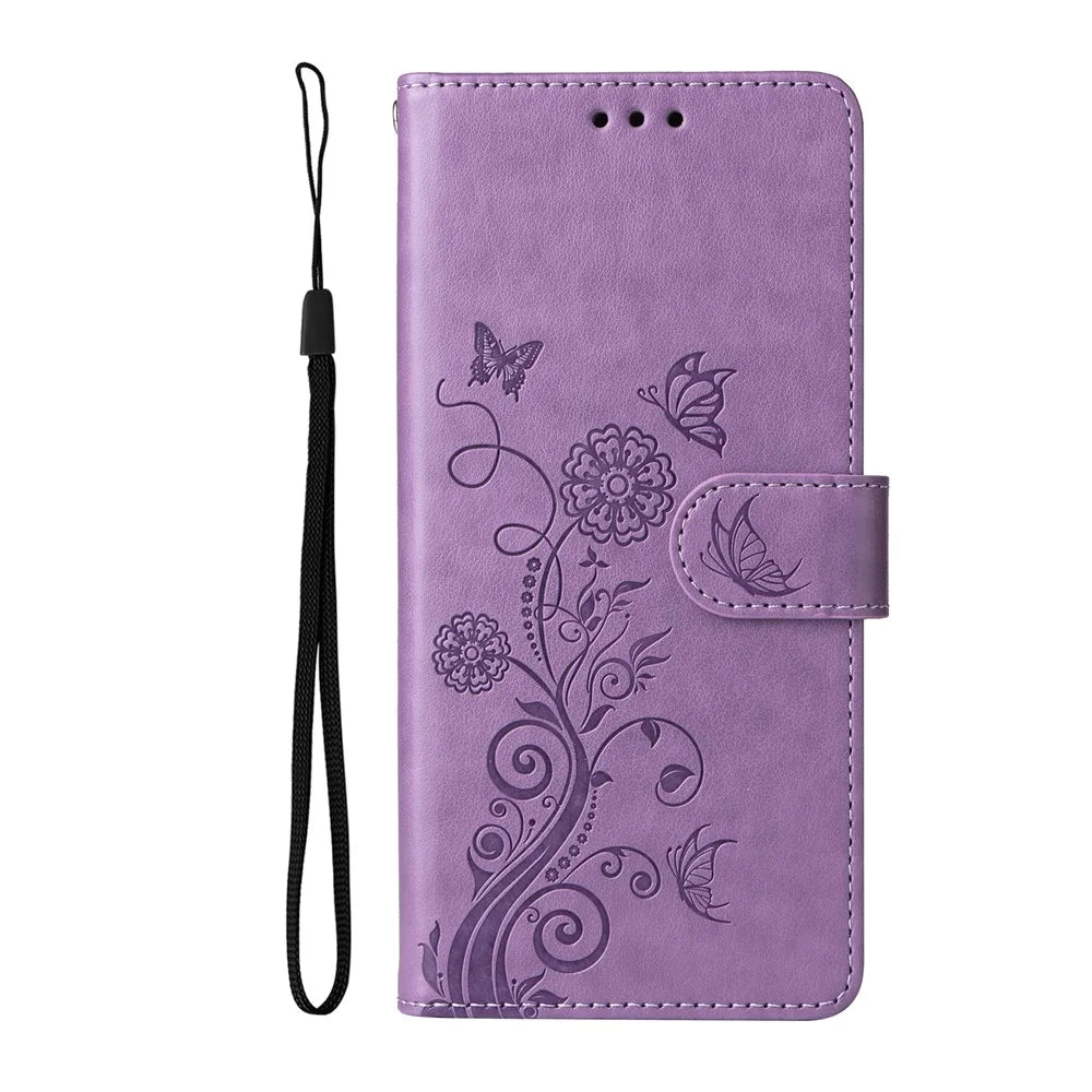 For iPhone 17e / 16e Case Butterfly Floral Imprint Wallet Stand Leather Phone Cover - Purple - 6