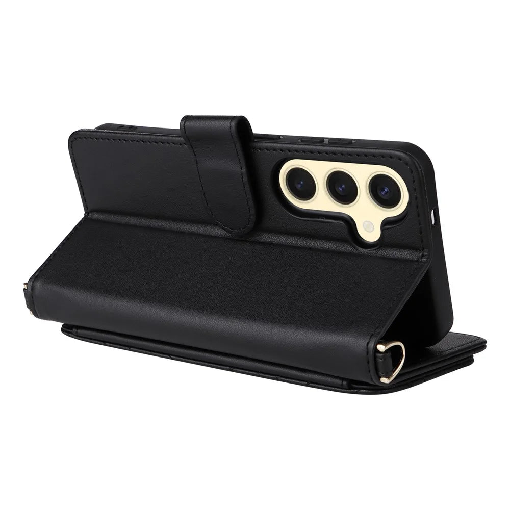 For Samsung Galaxy S24 Wallet Case with Shoulder / Wrist Strap Leather Phone Cover Stand - Black - 4