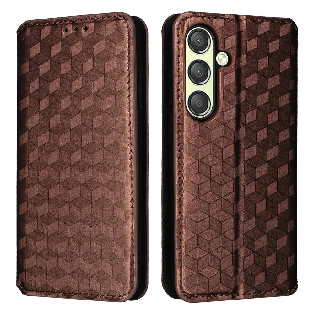 For Samsung Galaxy S25+ Case Wallet Rhombus Imprinted Leather Phone Cover - Brown - 1
