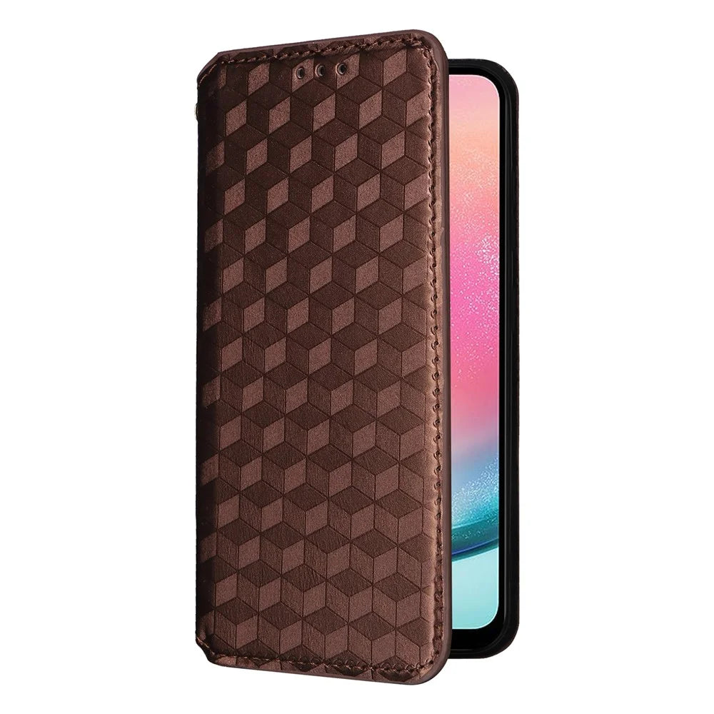 For Samsung Galaxy S25+ Case Wallet Rhombus Imprinted Leather Phone Cover - Brown - 5