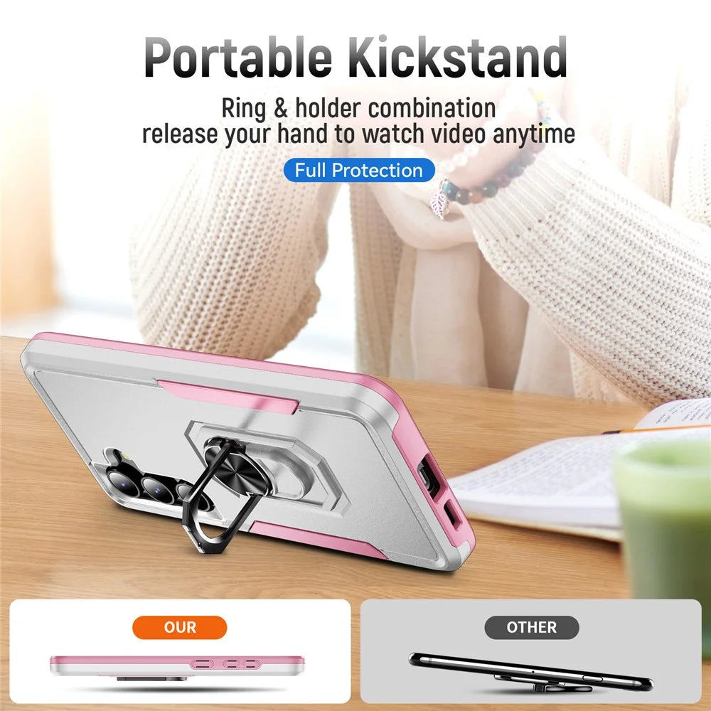 For Samsung Galaxy S24 FE Case Military Grade Ring Kickstand PC + TPU Phone Cover - White+Pink - 4