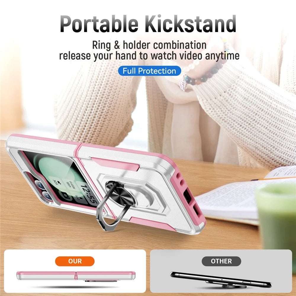 For Samsung Galaxy Z Flip7 FE 5G / Z Flip6 5G Case Military Grade Ring Kickstand PC + TPU Phone Cover - White + Pink - 5