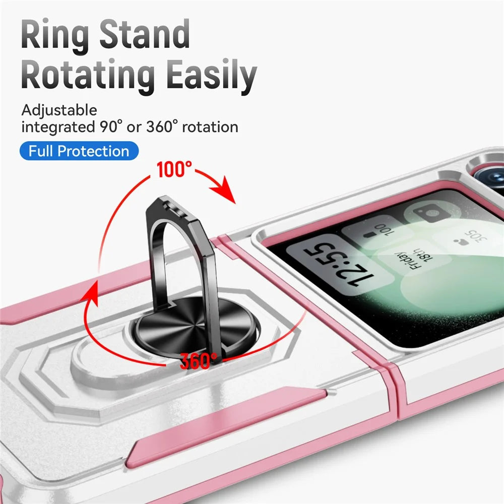 For Samsung Galaxy Z Flip7 FE 5G / Z Flip6 5G Case Military Grade Ring Kickstand PC + TPU Phone Cover - White + Pink - 6