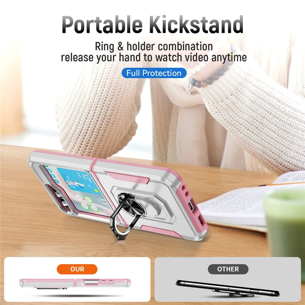 For Samsung Galaxy Z Flip5 5G Case Military Grade Ring Kickstand PC + TPU Phone Cover - White + Pink - 5