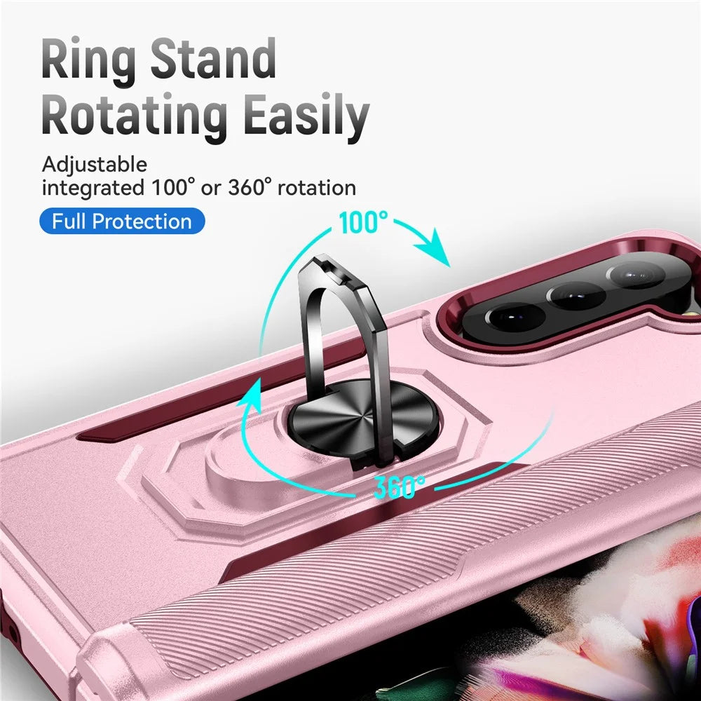 For Samsung Galaxy Z Fold5 5G Case Military Grade Ring Kickstand PC + TPU Phone Cover - Pink + Rose - 4