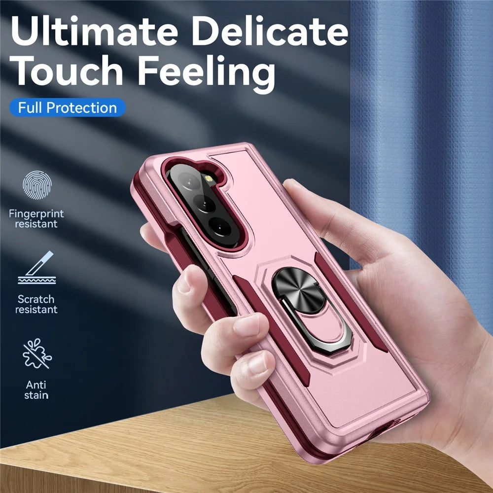 For Samsung Galaxy Z Fold5 5G Case Military Grade Ring Kickstand PC + TPU Phone Cover - Pink + Rose - 7