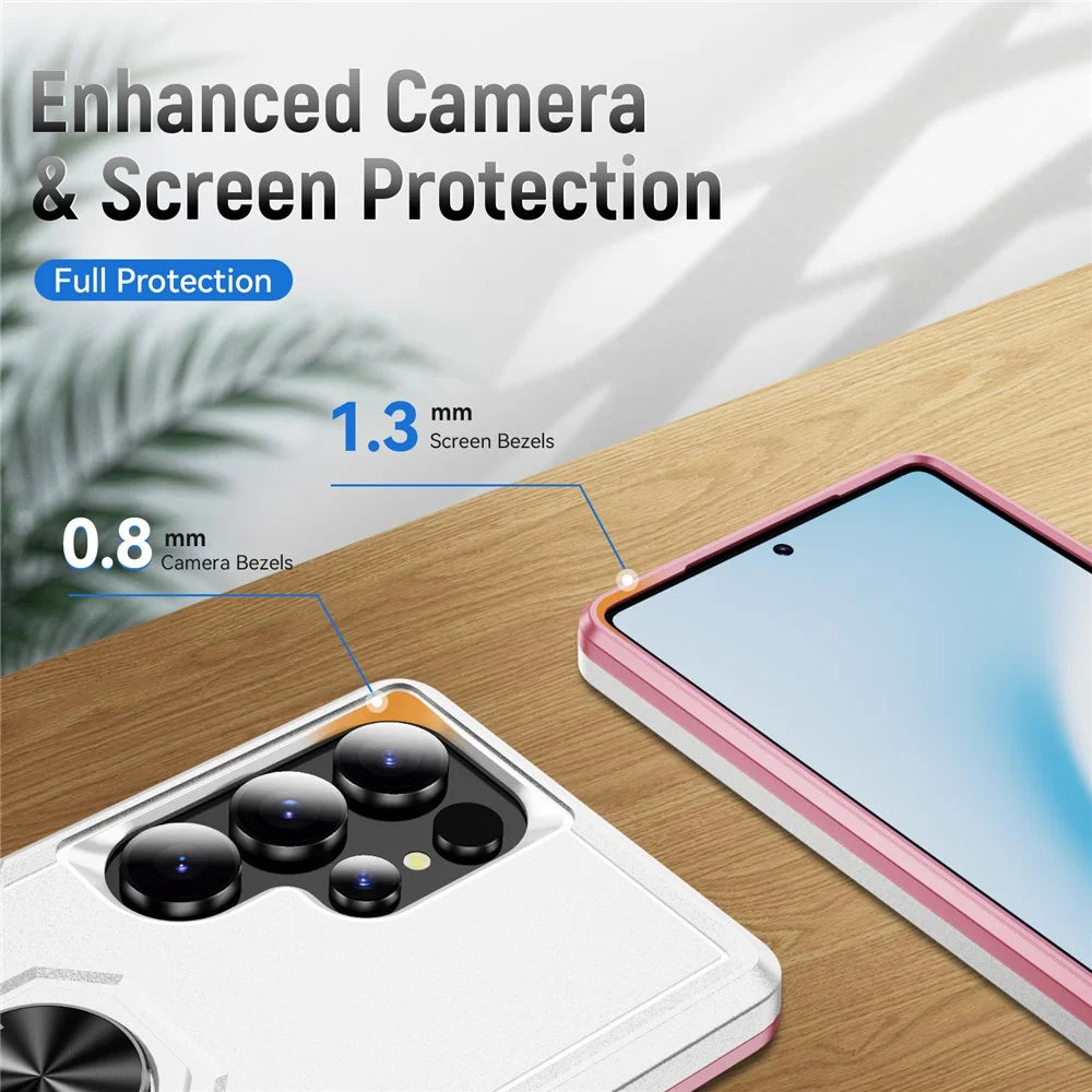 For Samsung Galaxy S25 Ultra Case Military Grade Ring Kickstand PC+TPU Phone Cover - White+Pink - 7