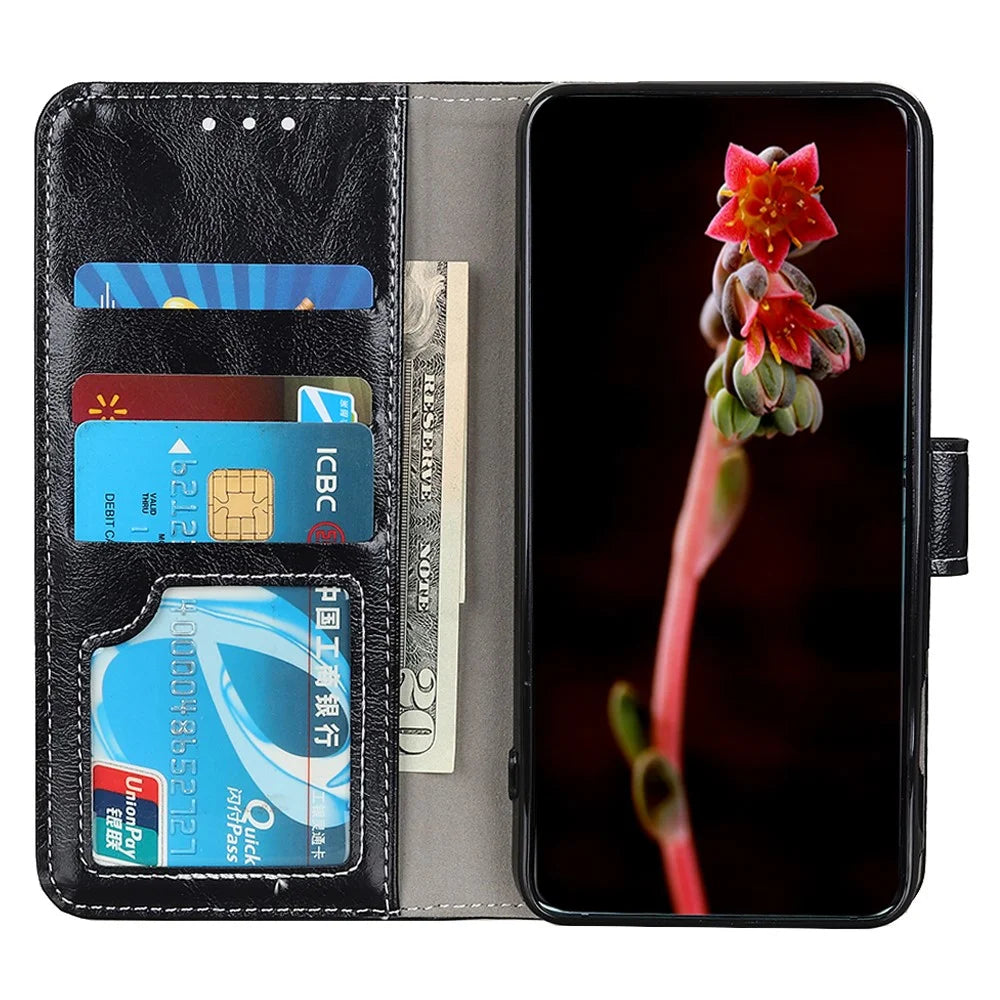 For Samsung Galaxy S25 Edge Case Wallet Leather Phone Cover Crazy Horse Texture - Black - 3