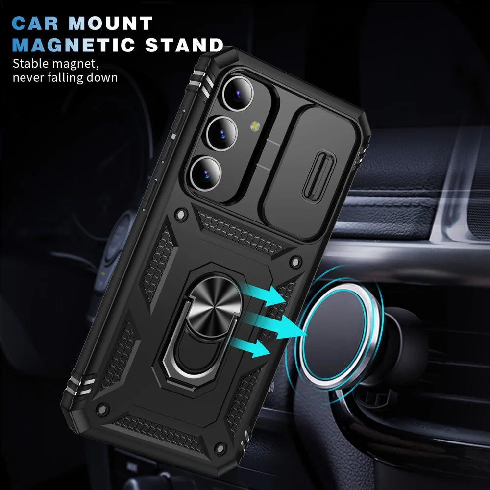 For Samsung Galaxy S25 Case TPU+PC Slide Camshield Kickstand Phone Cover - Black - 5