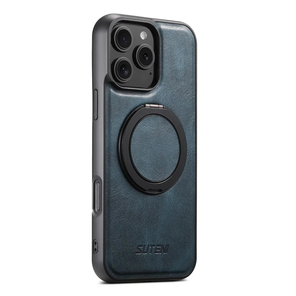 SUTENI G3 For iPhone 16 Pro Max Case Compatible with MagSafe Waxy Texture 360° Rotating Kickstand Leather Phone Back Cover - Blue - 4
