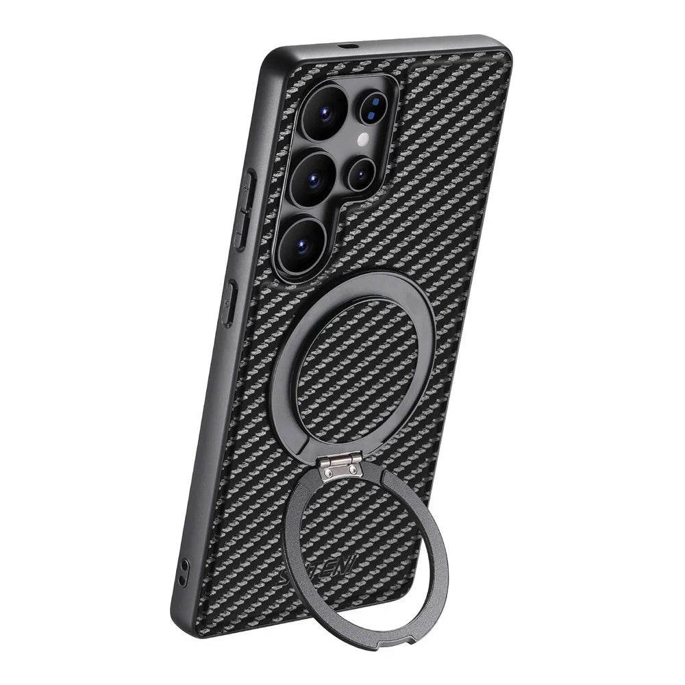 SUTENI G3 For Samsung Galaxy S22 Ultra 5G Magnetic Case Rotating Kickstand Carbon Fiber Texture Leather Phone Back Cover - 4